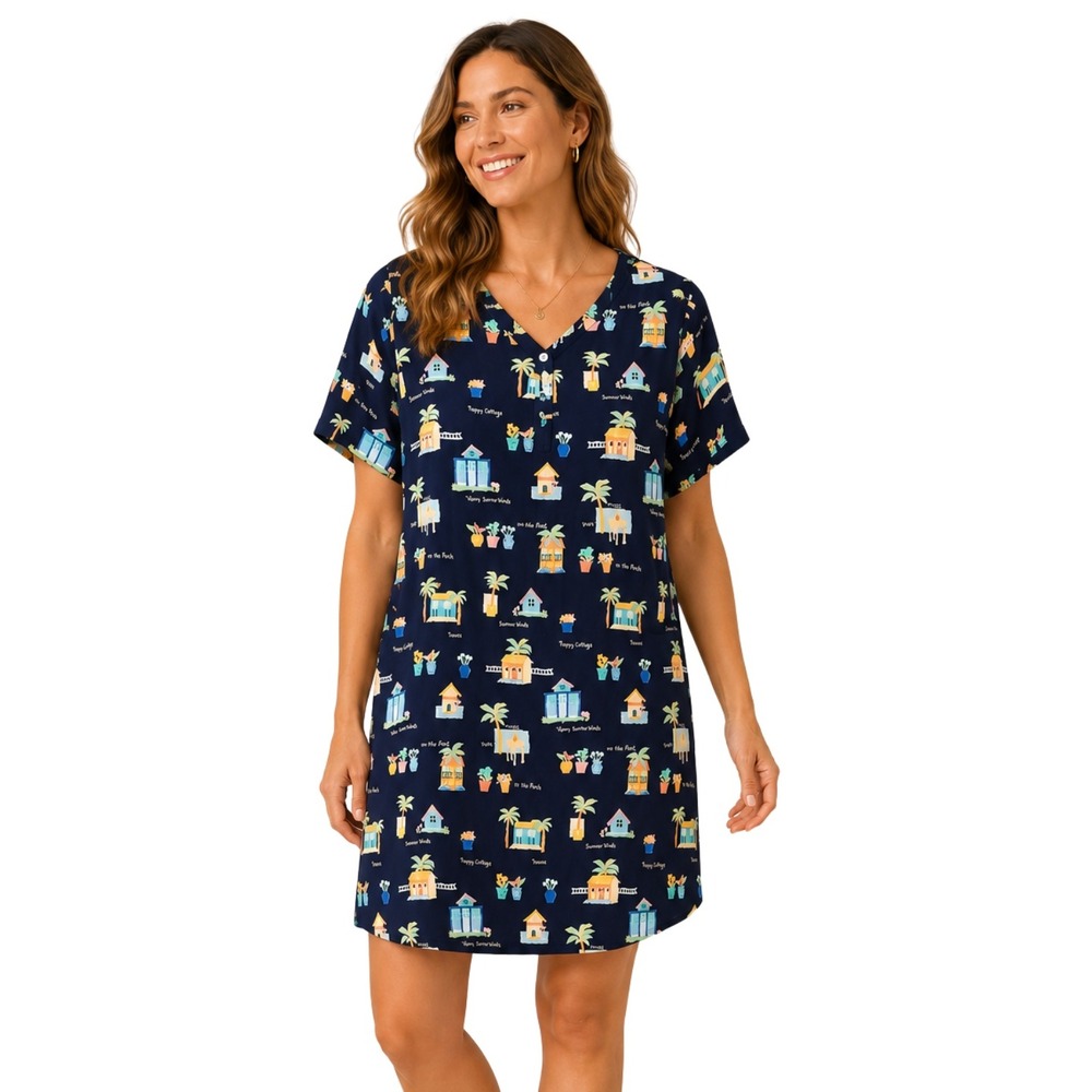 Talbots Dress Womens Size 18 Navy Blue Coastal Beach Cottage Print Rayon Shift